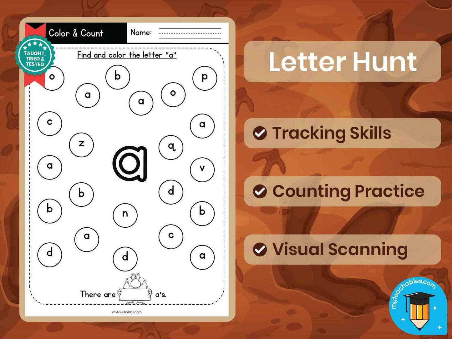 Lowercase Letter Hunt Worksheets A–Z | Find, Color & Count Letters