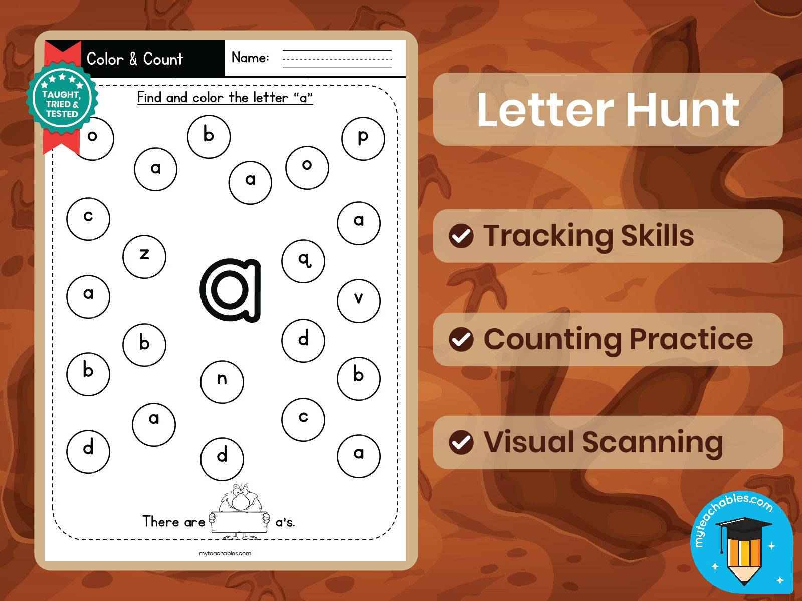 Lowercase Letter Hunt Worksheets A–Z | Find, Color & Count Letters
