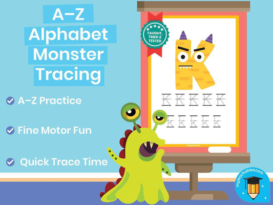 Monster Letter Tracing Worksheets A–Z | Upper & Lowercase Practice Pack